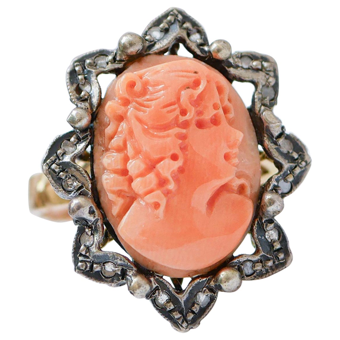 Coral, Diamonds, Rose Gold and Silver Ring.