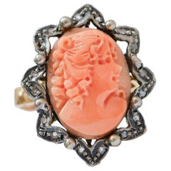 Vintage Coral, Diamonds, Rose Gold and Silver Ring.