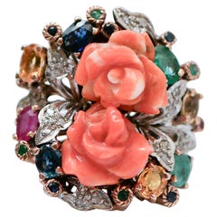 Retro Coral, Emeralds, Rubies, Sapphires, Diamonds, Rose Gold and Silver Ring.