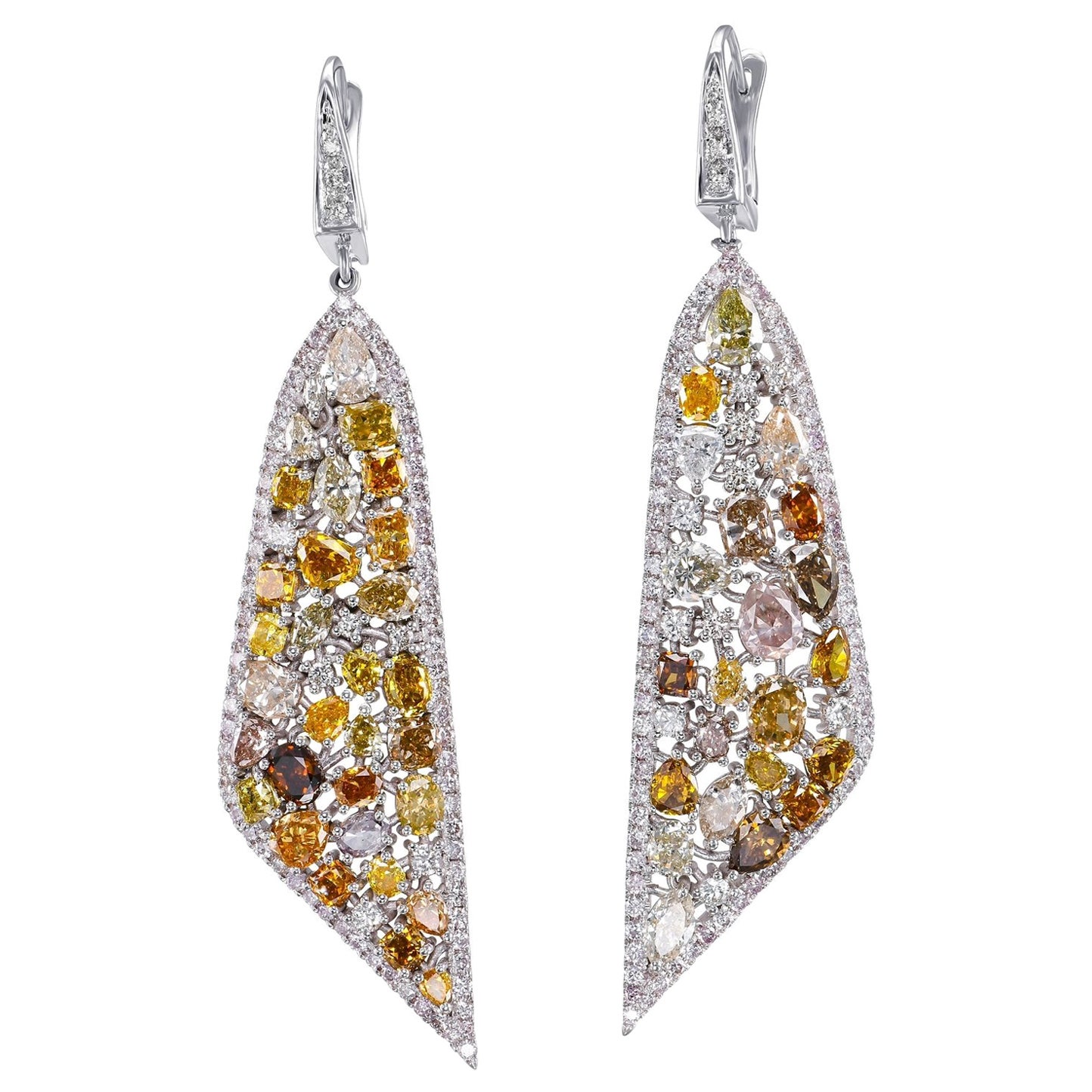 PAS DE RÉSERVE !  --  Diamants de couleur fantaisie 12,25 carats - 14 carats. Or blanc - Boucles d'oreilles en vente