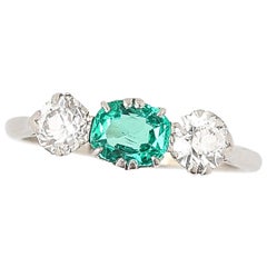 Art Deco Emerald and Old Cut Diamond Ring Three Stone Ring Circa 1930