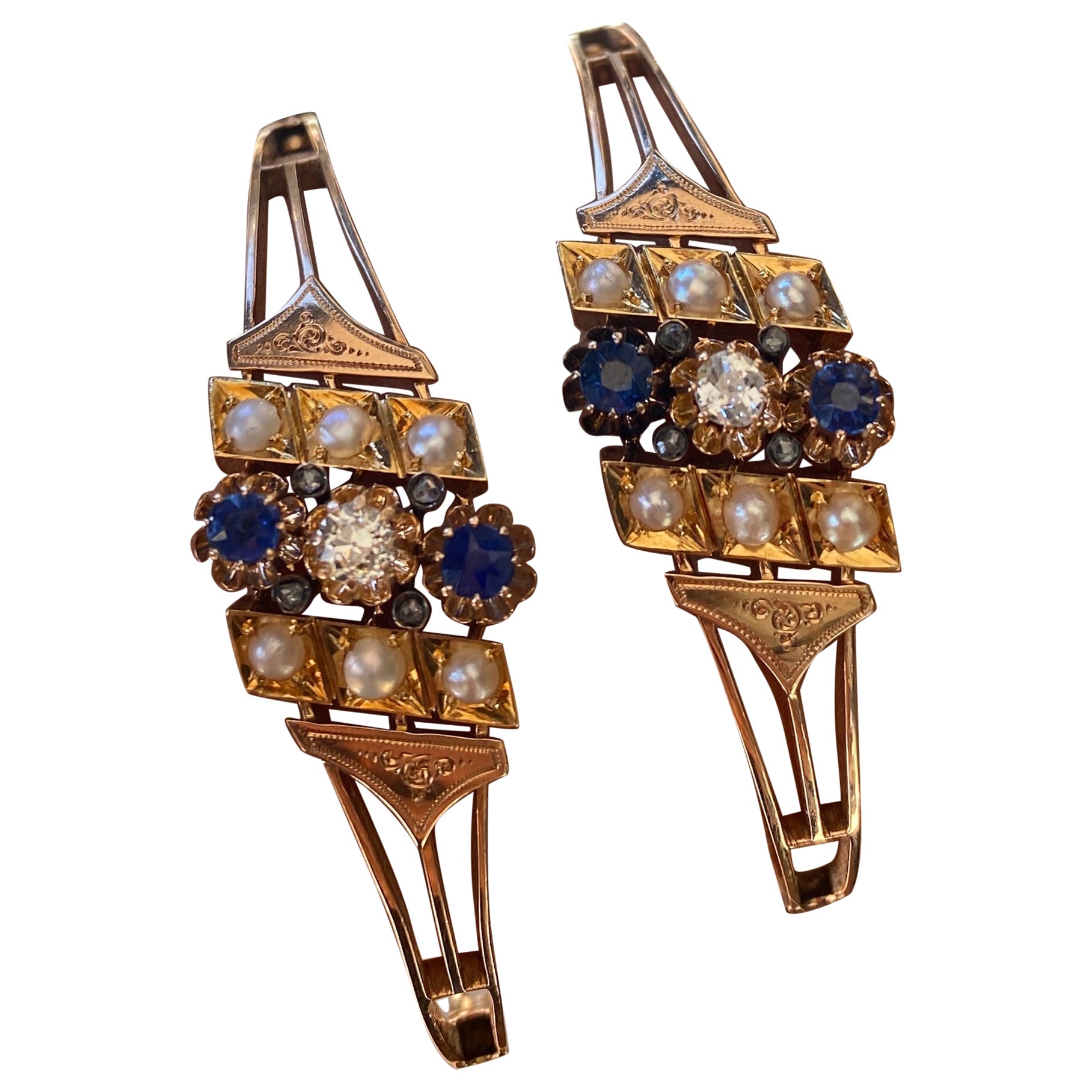 Pair of Antique 1891 Victorian 14k Gold Sapphire, Diamond, Pearl Wedding Bangles For Sale