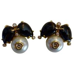 Cabochon Black Spinel Pearl Diamond Gold Button Earrings