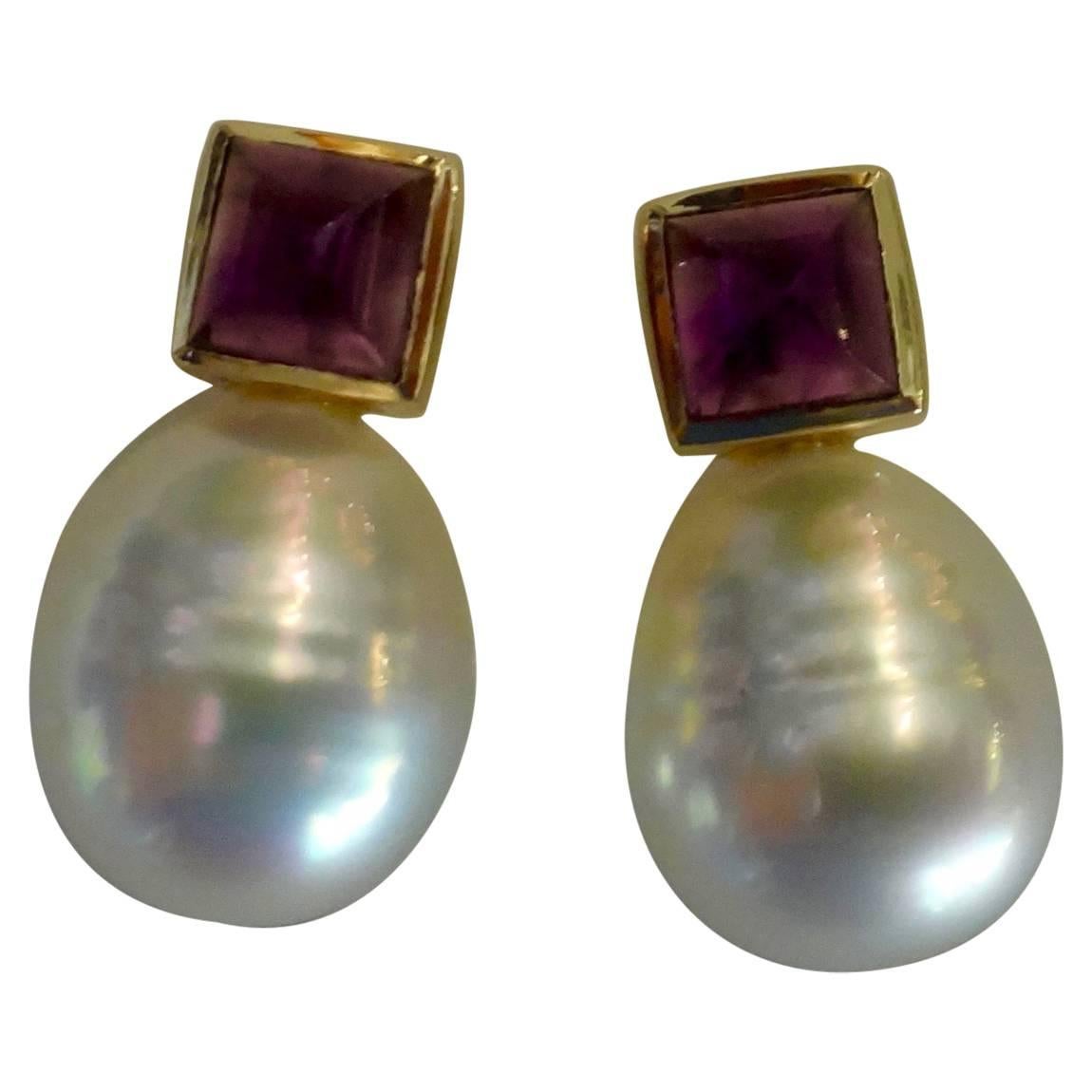 Paspaley South Sea Pearl Sugarloaf Cabochon Amethyst Gold Stud Earrings
