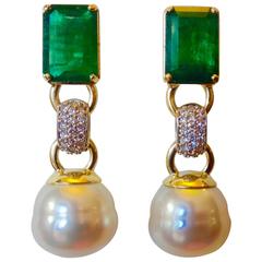 Zambian Emerald Paspaley South Sea Pearl Pave Diamond Gold Dangle Earrings