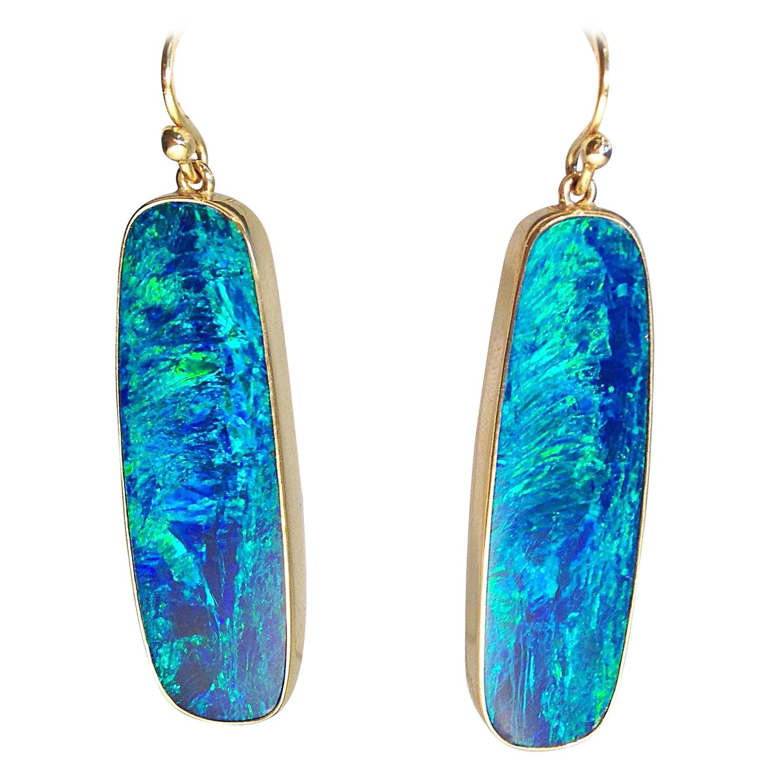 Blue Lagoon Australian Boulder Opal Gold Earrings For Sale at 1stdibs