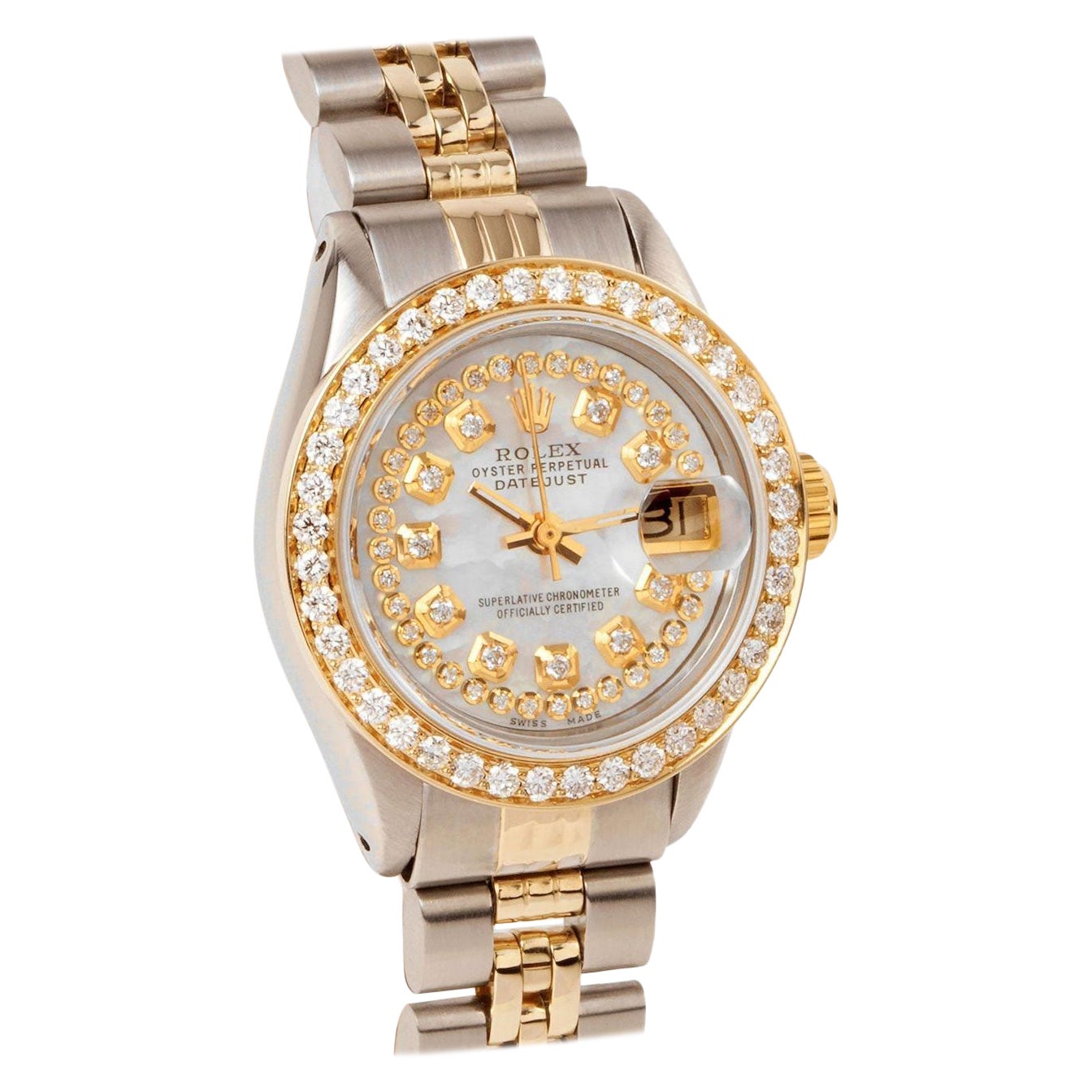 Rolex Lady TT Datejust Mother of Pearl String Diamond Dial Diamond Bezel Watch For Sale