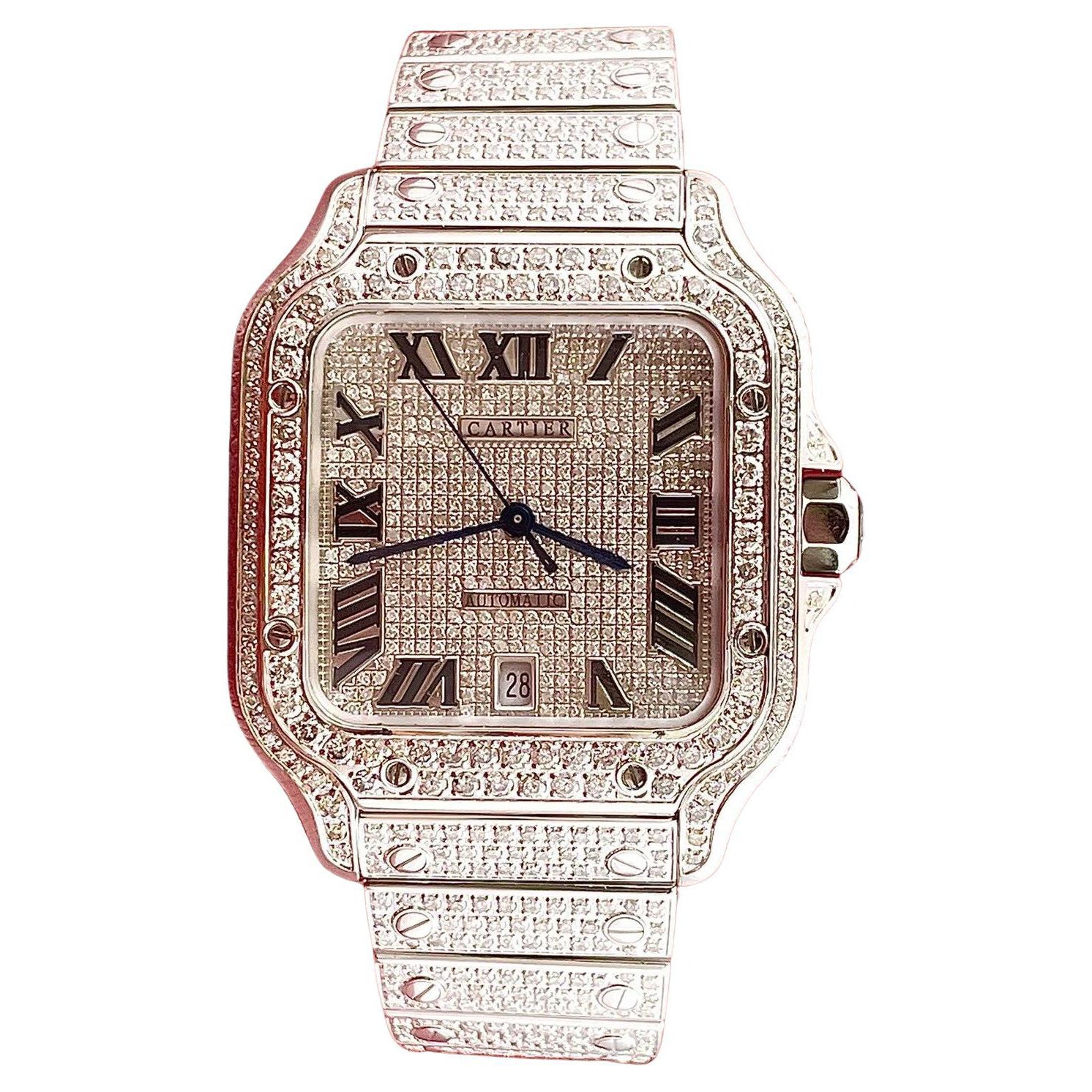 Cartier Santos Men's 40mm RoseGold Dial Steel Watch Roman Iced Out 12ct ...