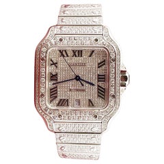 Cartier Santos Men's 40mm Large Model Steel Watch Roman Iced Out 12ct Diamonds