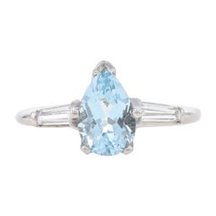 Platinum Aquamarine & Diamond Ring - 900 Pear 1.45ctw Engagement Size 5 1/2