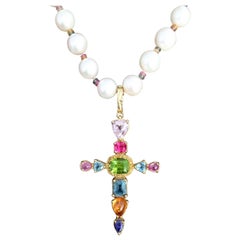 Multi Gem Stone Gold Summer Cross Pendant