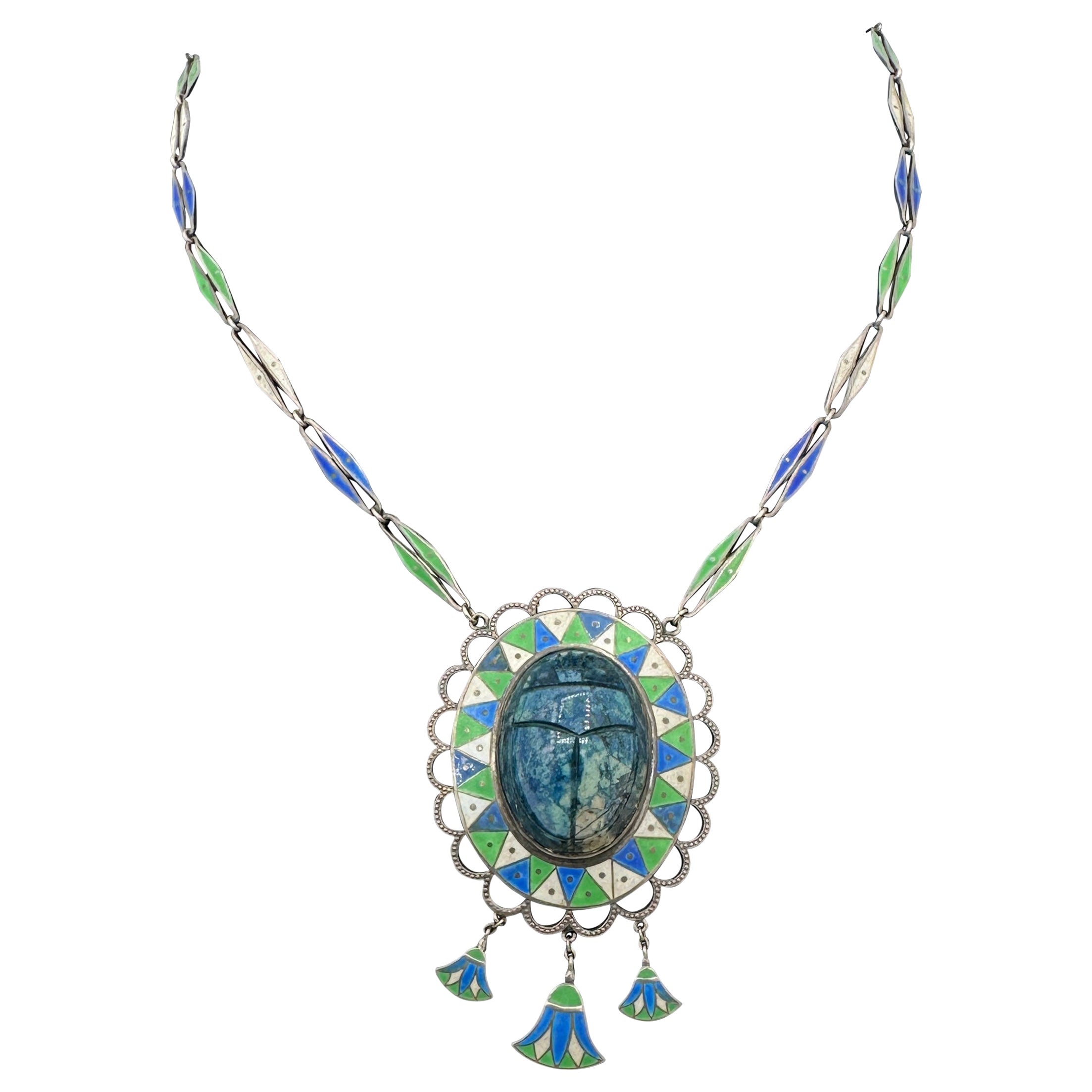 Art Deco Egyptian Revival Enamel Sodalite Scarab Pendant Necklace Lotus Flower For Sale