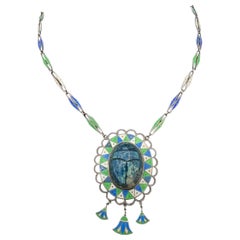 Art Deco Egyptian Revival Enamel Sodalite Scarab Pendant Necklace Lotus Flower