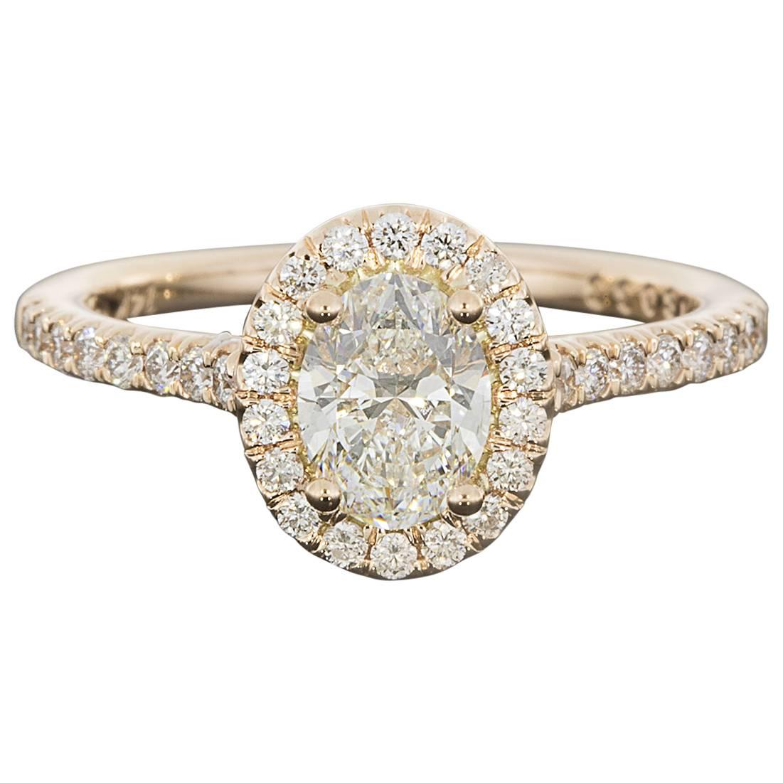 Martin Flyer .72 Carat GIA Cert Oval Diamond Micropave Halo Gold Engagement Ring