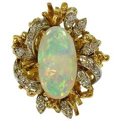 1960s Opal and Diamond Bamboo Band Gold Ring