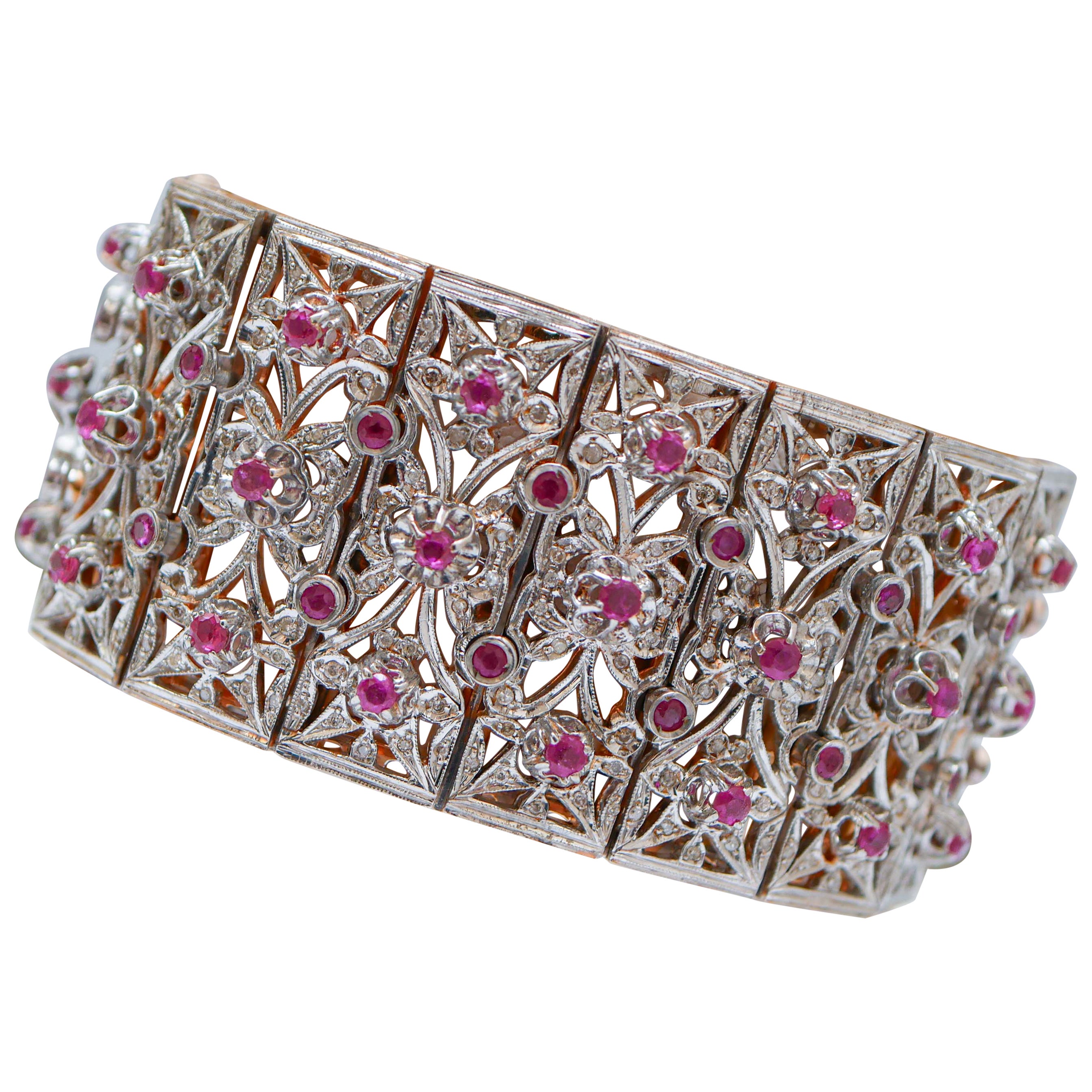 Retrò-Armband aus Rubinen, Diamanten, Roségold und Silber.