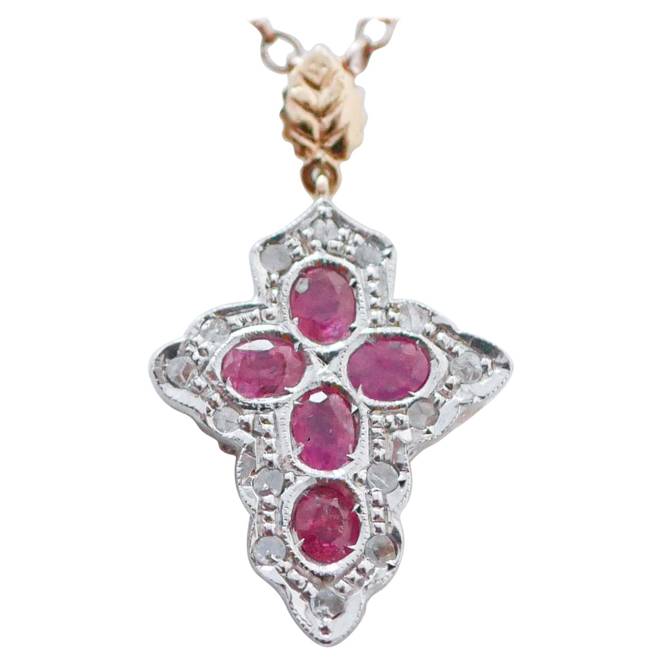 Rubies, Diamonds, Rose Gold and Silver Cross Pendant. For Sale