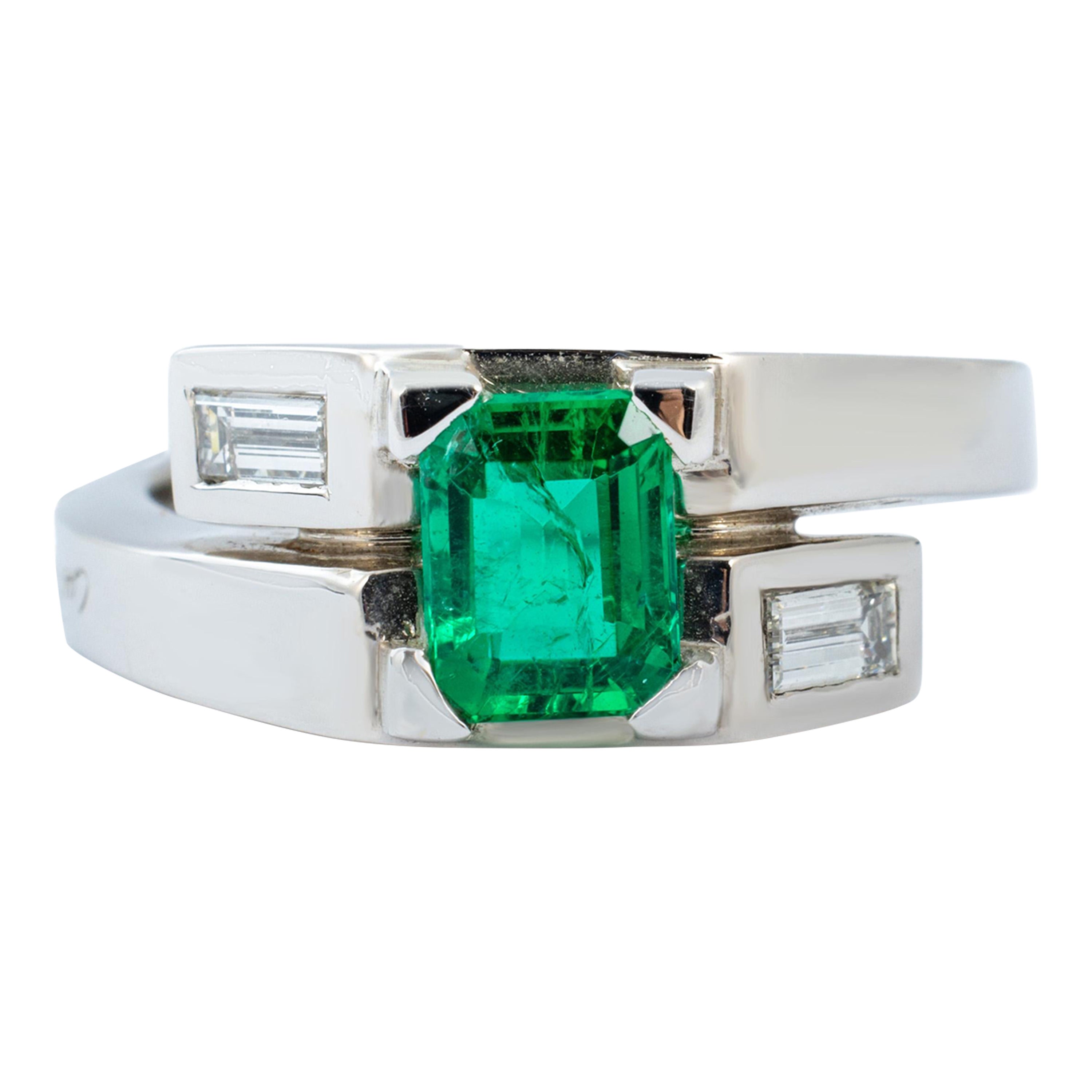 "Costis" Ring, with 0.98 carats emerald-cut Colombian Emerald and Diamonds For Sale