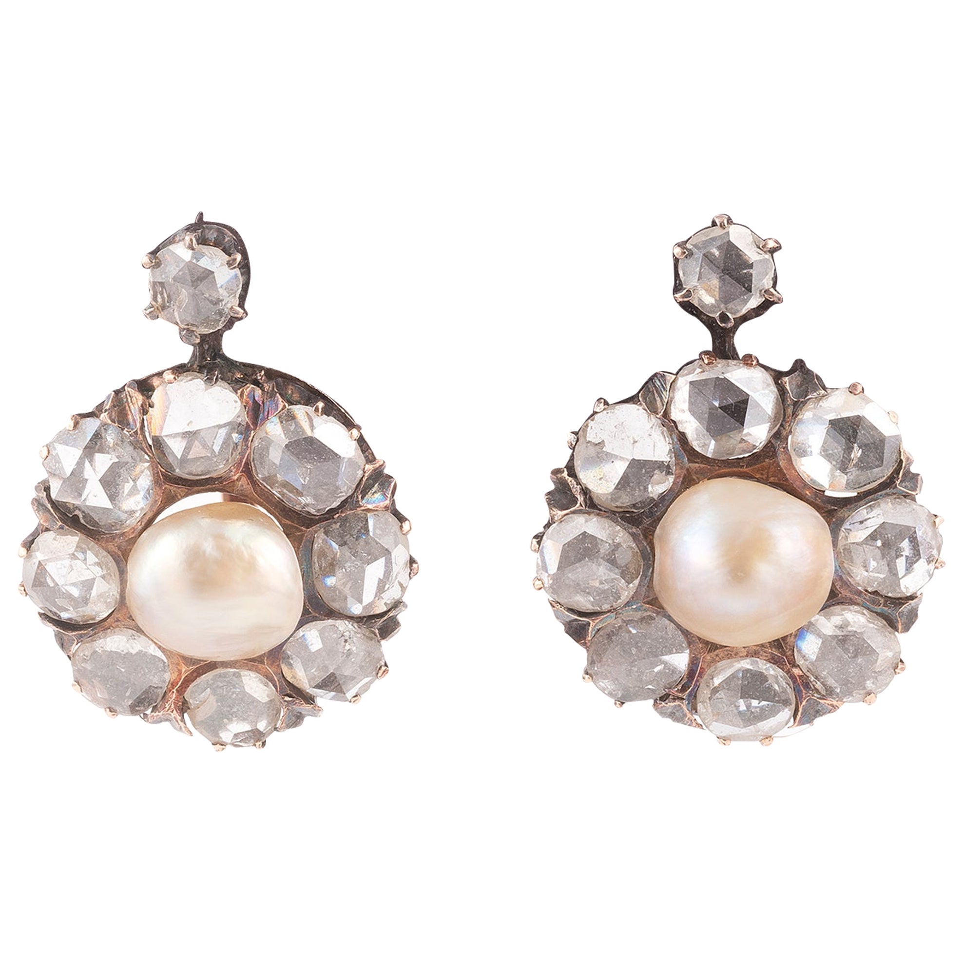 Antique Cushion Cut Antique Natural Pearl and Diamond Cluster Earrings