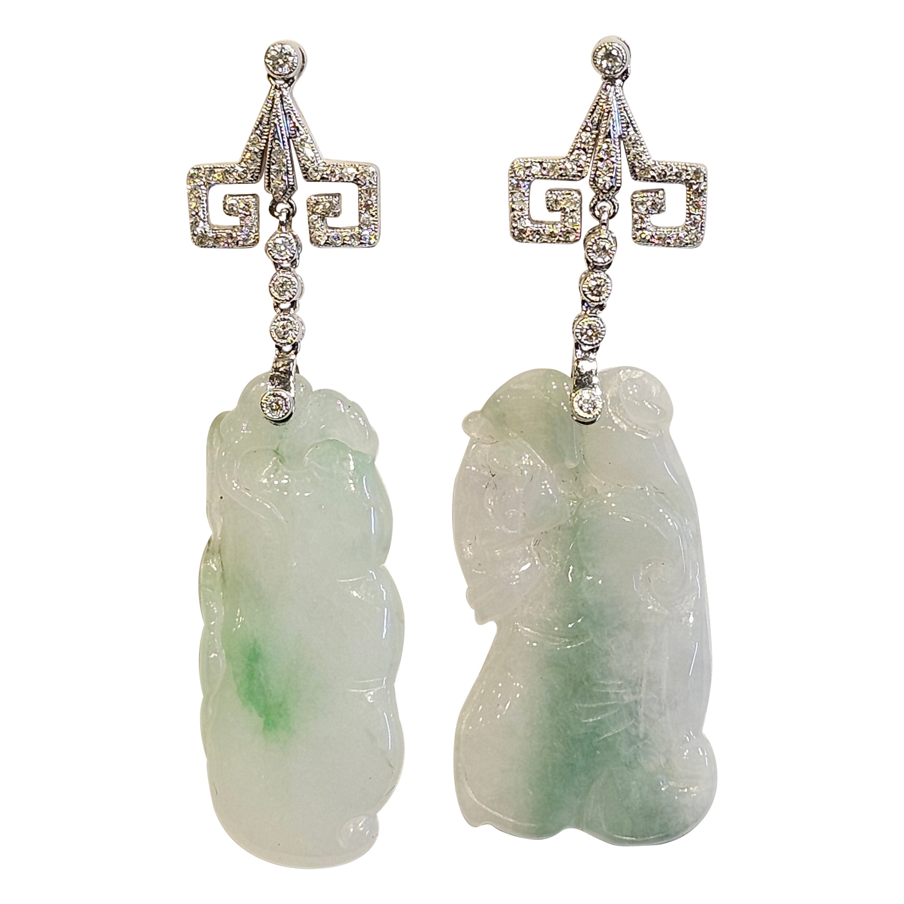 Carved Jade & Diamond Earrings For Sale
