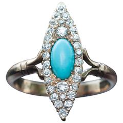 Victorian Navette Ring with Turquoise Cabochon and Diamond