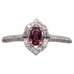 Vintage Inspired Ruby Ring w Diamond Halo in 14K White Gold Oval 5x3.5mm