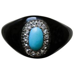 Antique 1900s Black Enamel Turquoise Diamond Gold Ring