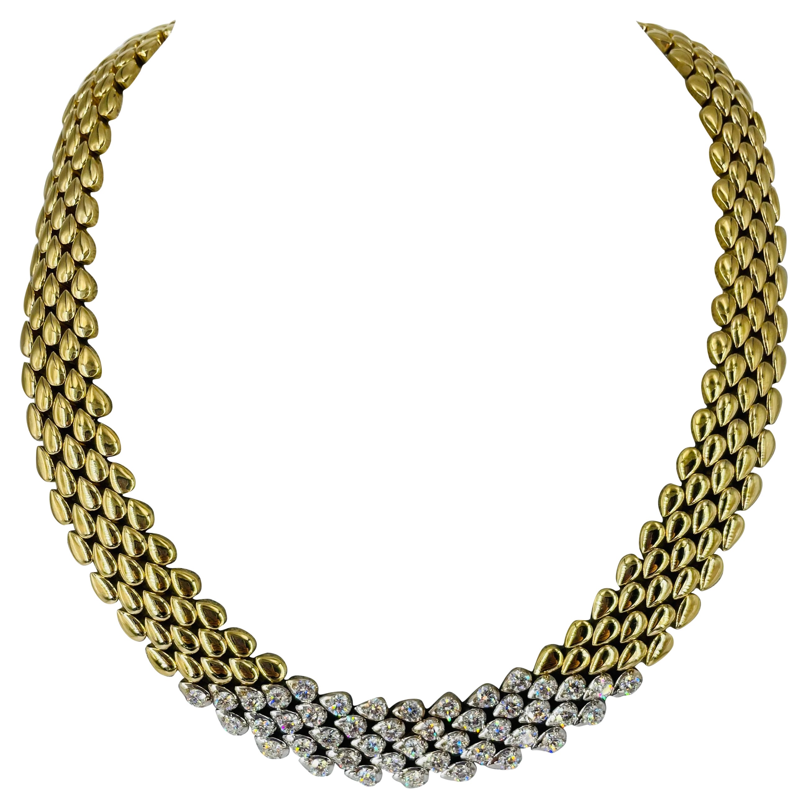 18K Yellow Gold Multi Row Choker Necklace with 8.25 carat Round Diamonds For Sale