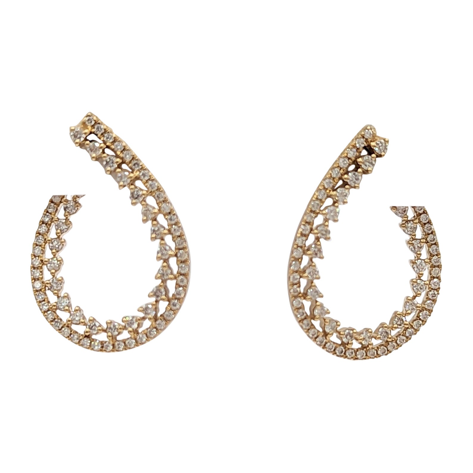 White Diamond Double Row Hoop Earrings in 18K Yellow Gold For Sale
