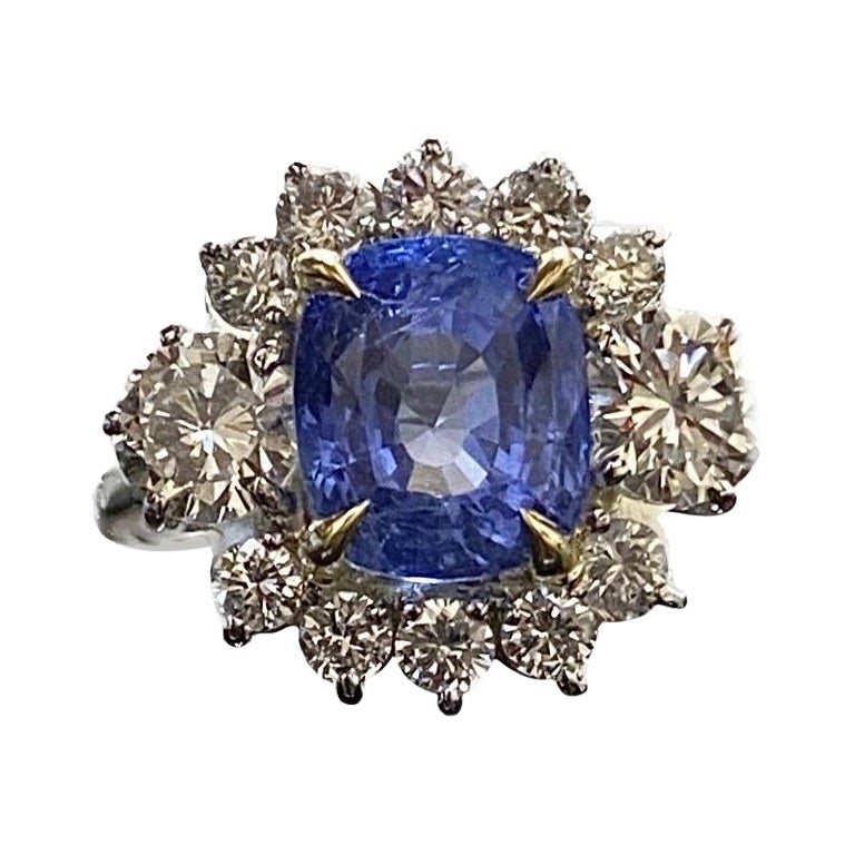Platinum Diamond Cushion Cut GIA Certified 4.71 No Heat Blue Sapphire Ring For Sale