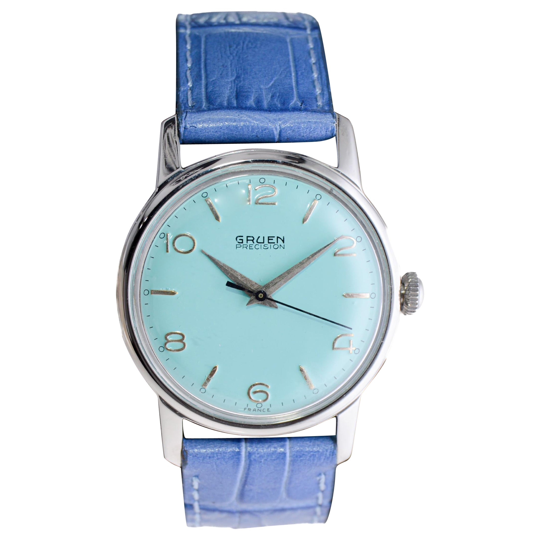 Gruen Steel Art Deco Watch with a Custom Finished Tiffany Blue Dial from, 1950s For Sale