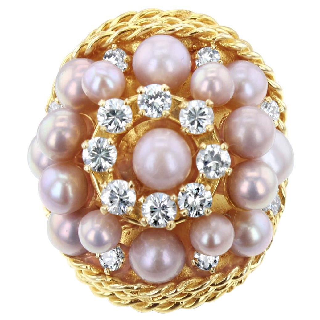 Pink Pearl & Diamond Triple Halo Cocktail Ring with Rope Design For Sale