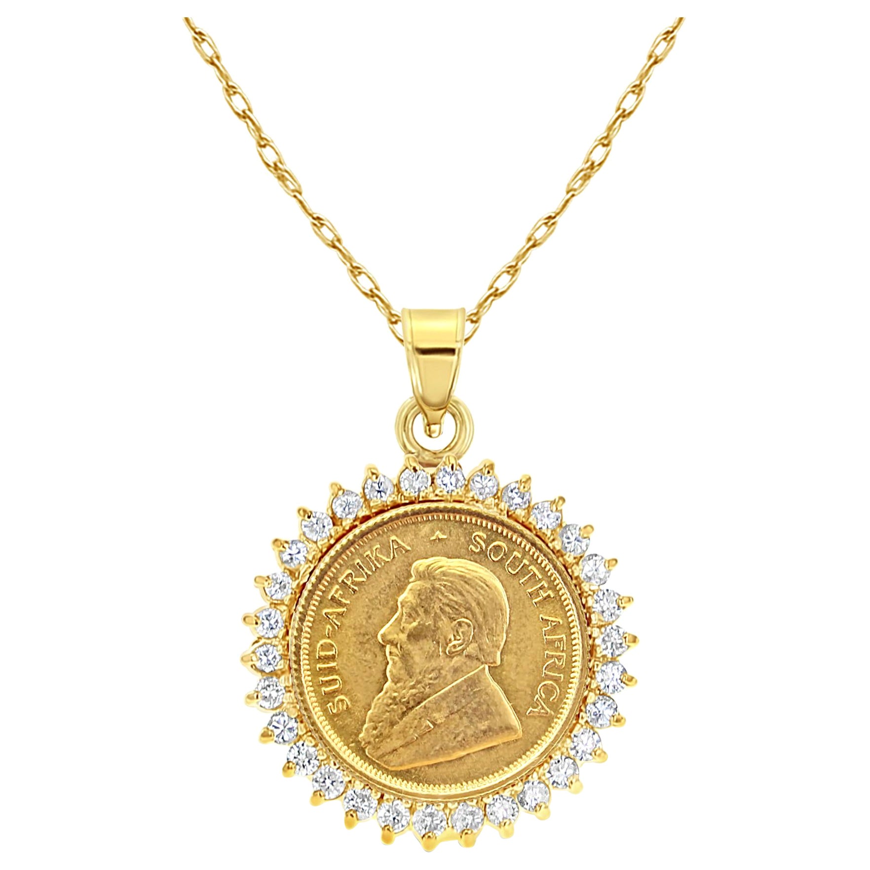 South African Coin Necklace with Diamond Halo  For Sale