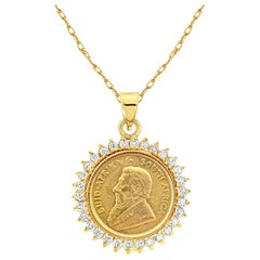 South African Coin Necklace with Diamond Halo 