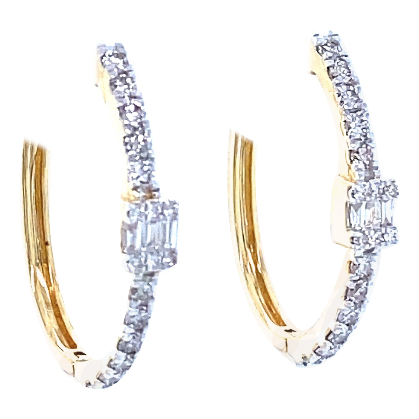 Oval Shape Round & Baguette Diamonds Hoop Earrings in 18K Solid Gold
