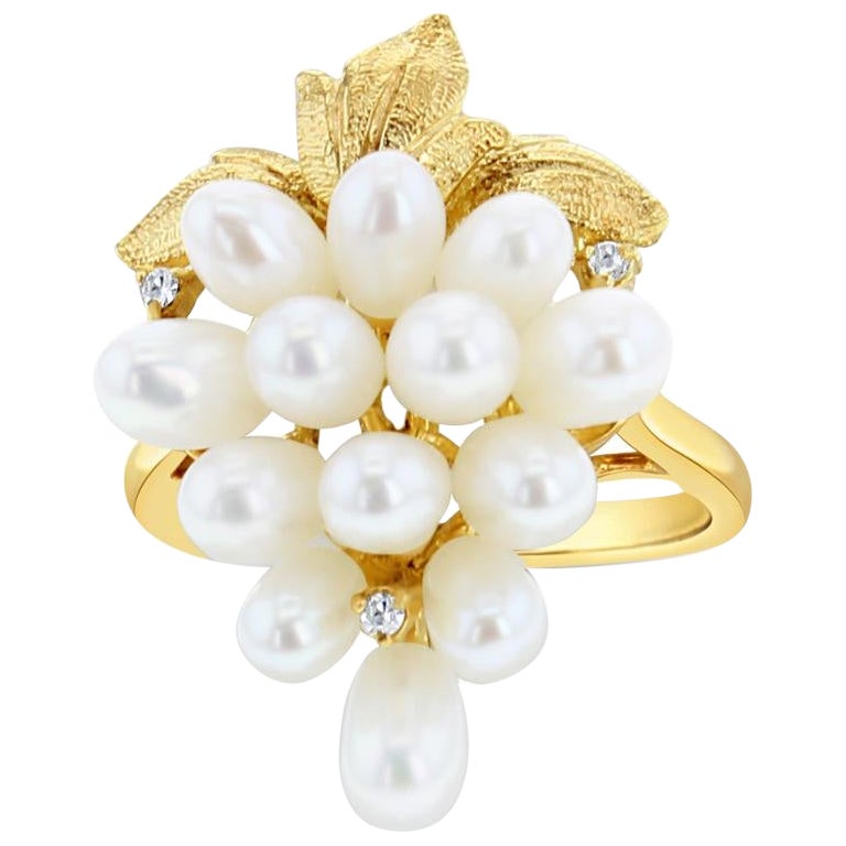 Freshwater Pearl Grape Cluster Cocktail Ring with Diamond Accents For Sale