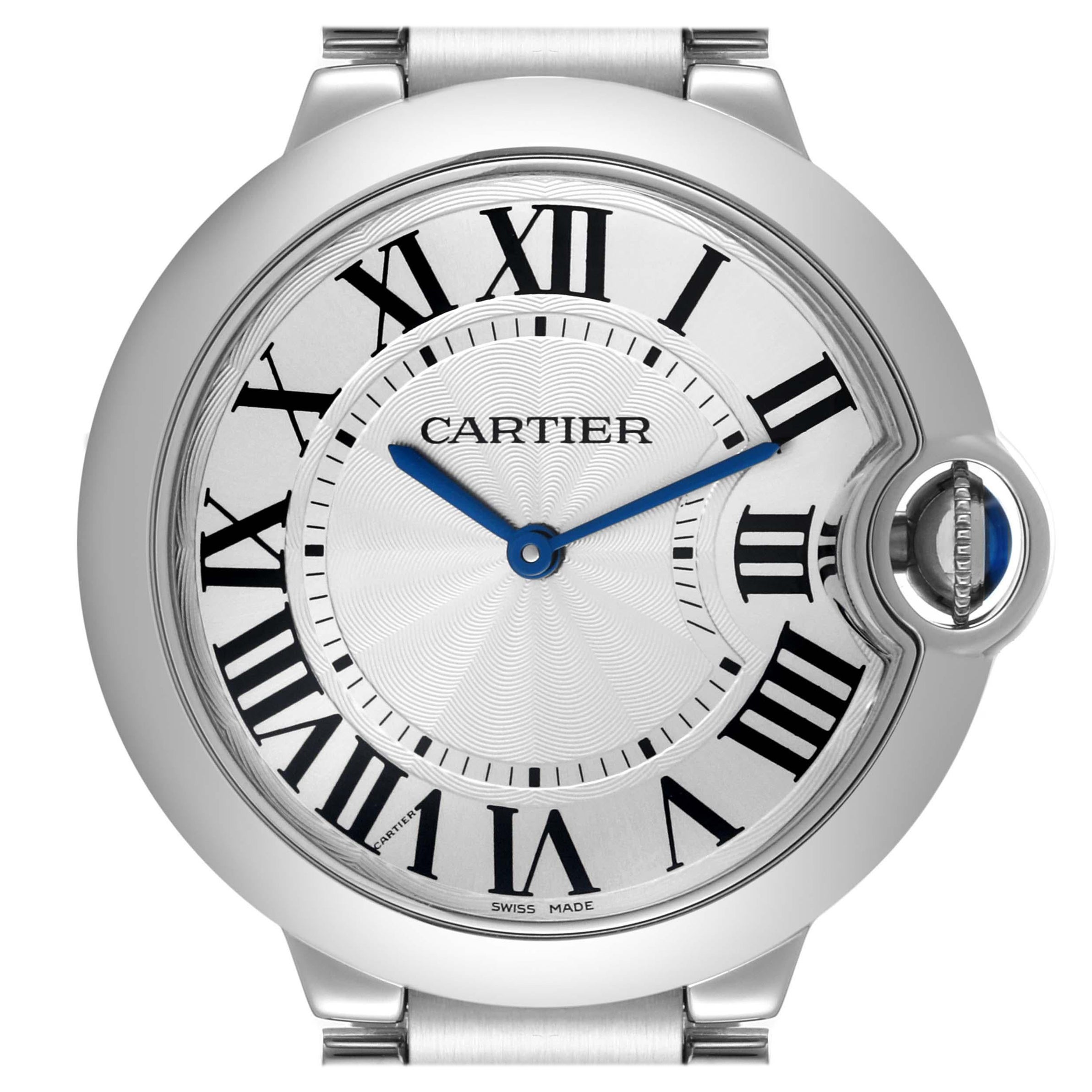 Cartier Ballon Bleu 36mm Silver Guilloche Dial Steel Mens Watch W69011Z4 For Sale