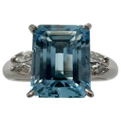 2.55 Carat Fine Blue Emerald Cut Aquamarine & Marquise Diamond Platinum Ring