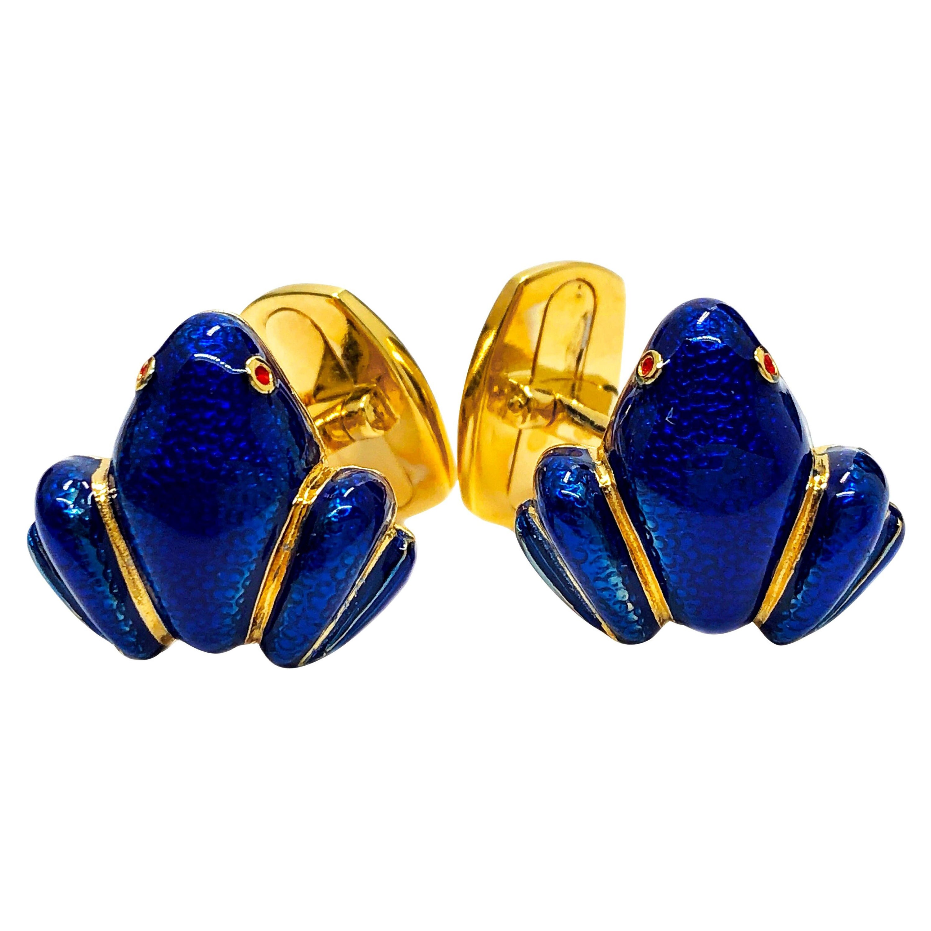 Berca Navy Blue Hand Enameled Frog Shaped Sterling Silver Gold-Plated Cufflinks For Sale