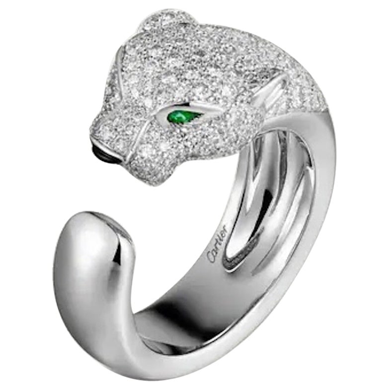 CARTIER Panthere Ring 18K White Gold w/Emeralds & Blue Sapphire- $50K