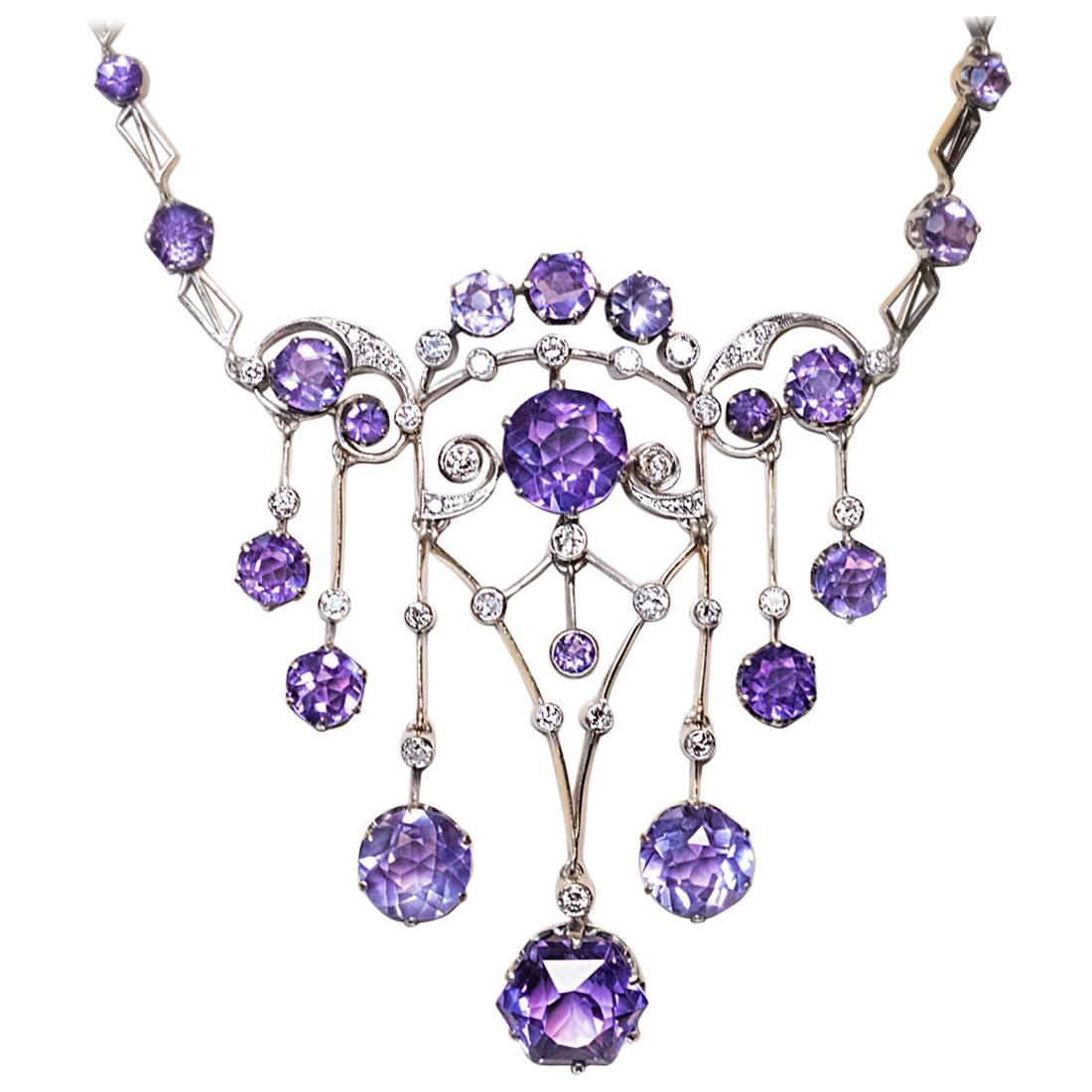 1930s Russian Amethyst Diamond Silver Necklace 