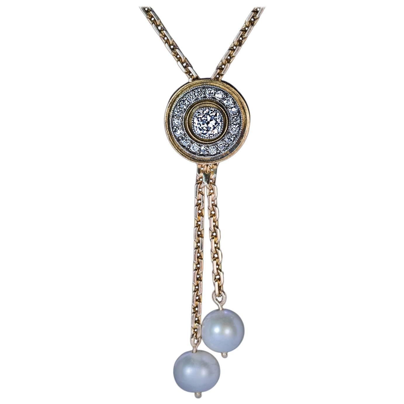 Antique Russian Diamond Pearl Gold Drop Necklace