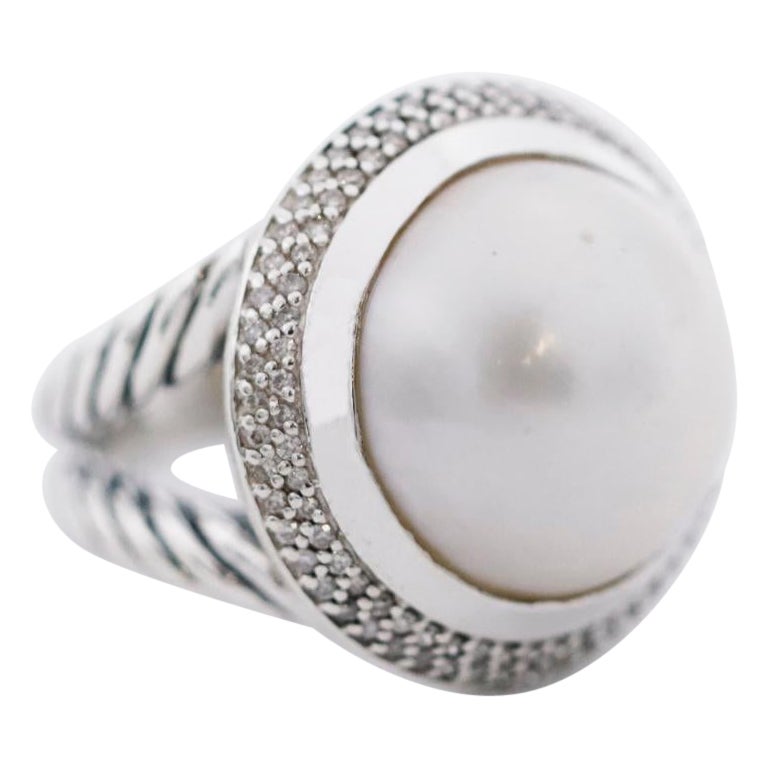 David Yurman 925 Silver Diamond Mother of Pearl Albion Cable Ring For Sale