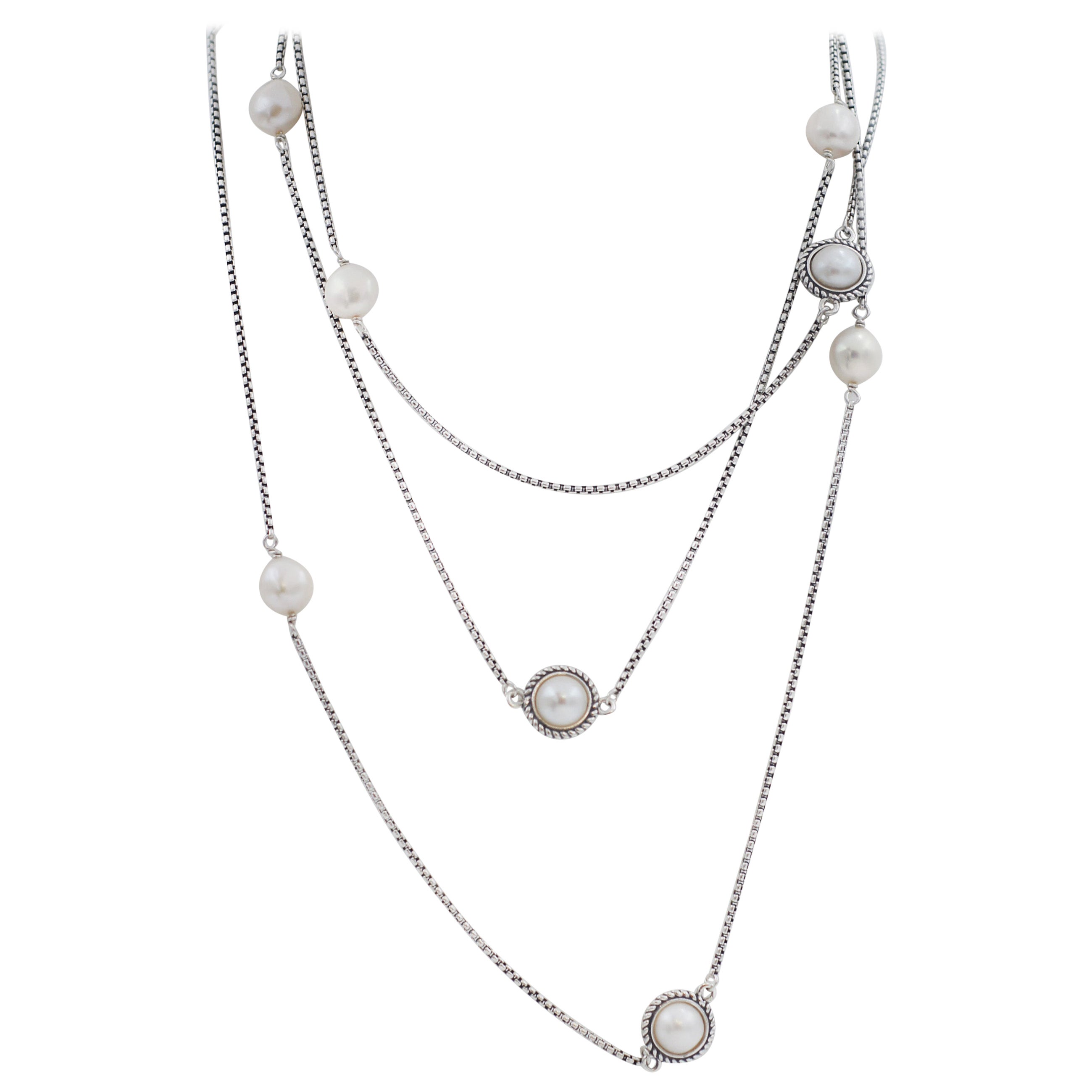 David Yurman 925 Silver Pearl Cable Station Long Necklace