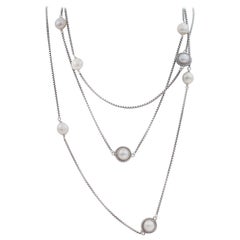 David Yurman 925 Silver Pearl Cable Station Long Necklace