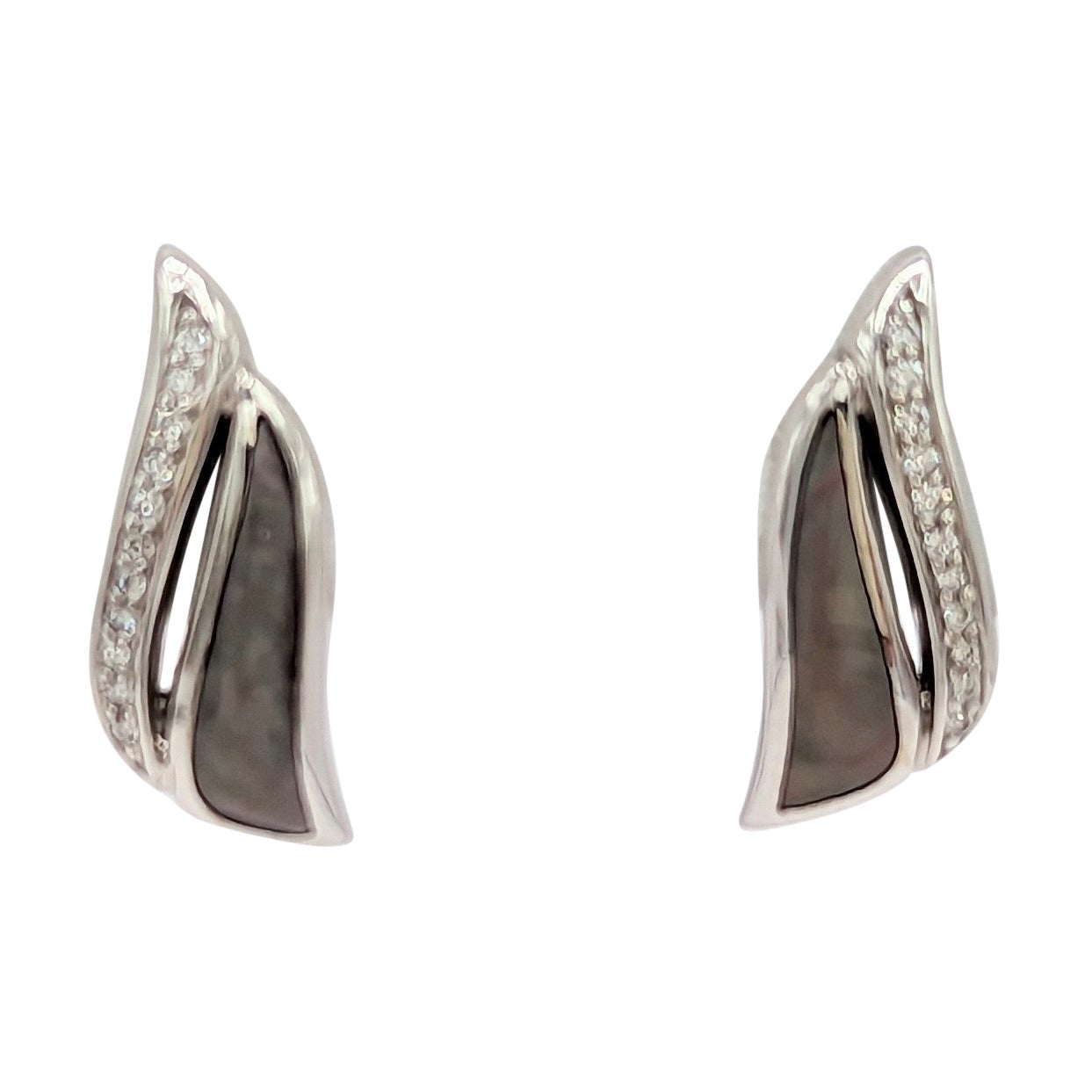 Estate Kabana Black Mother of Pearl Fancy Shape Earrings in 14K White Gold For Sale