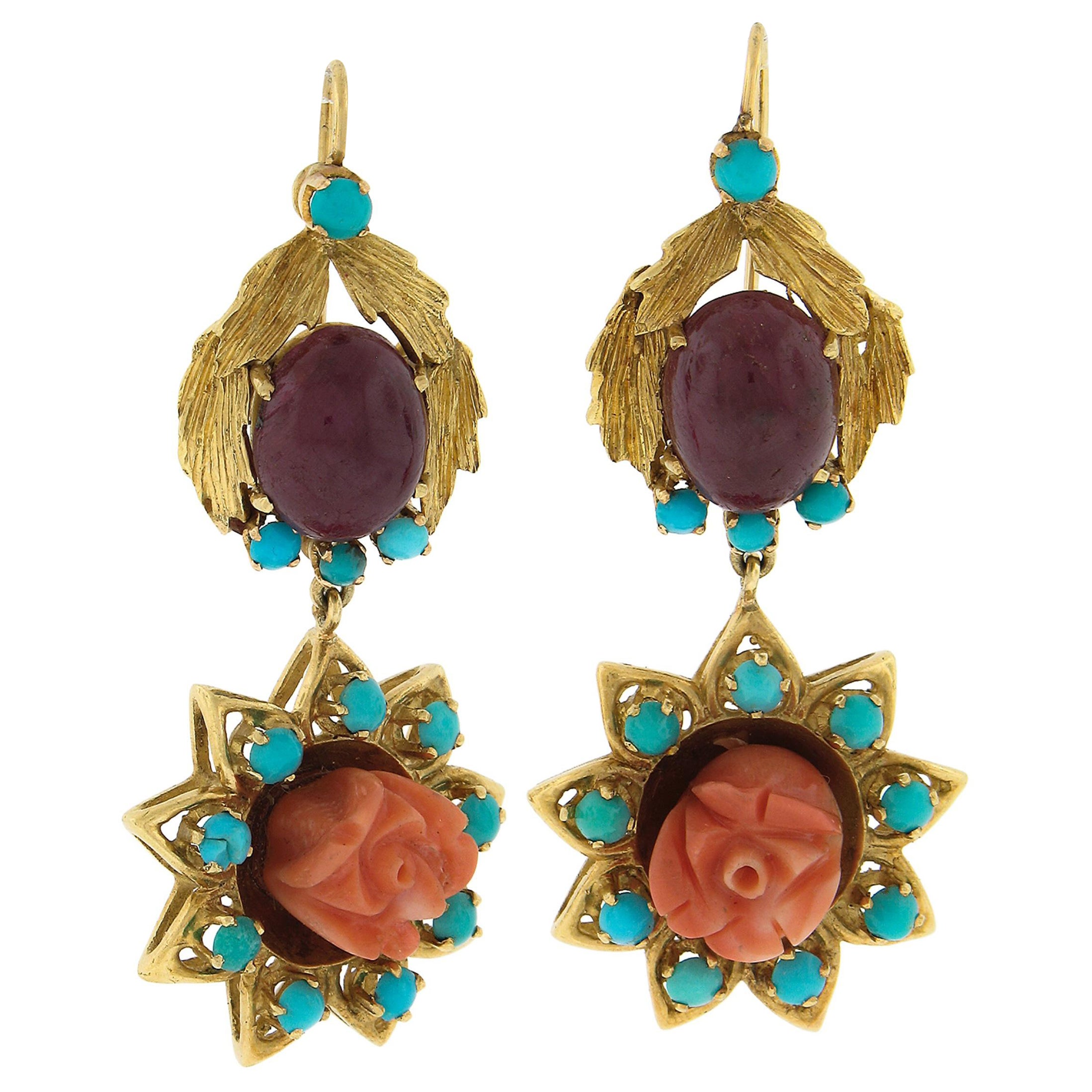 Vintage 18K Gold Carved Flower Coral & Ruby w/ Turquoise Drop Dangle Earrings