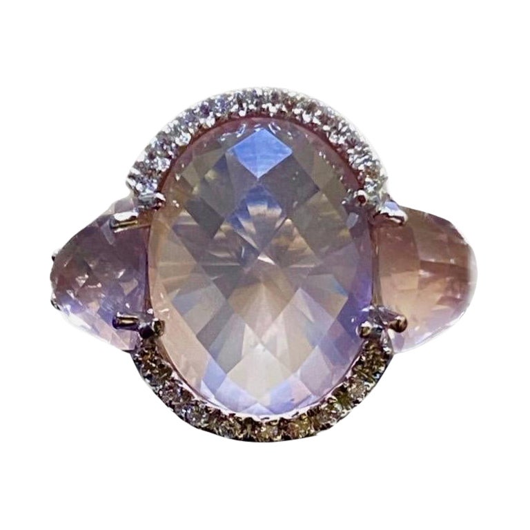 18K White Gold Halo Diamond Three Stone Rose Cut Rose Quartz Engagement Ring