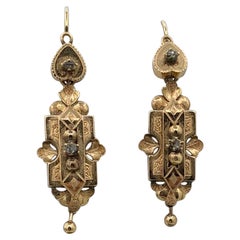 Antique Victorian Rose Cut Diamond Day/Night Earrings Heart Dangle 14 Karat Gold Rare
