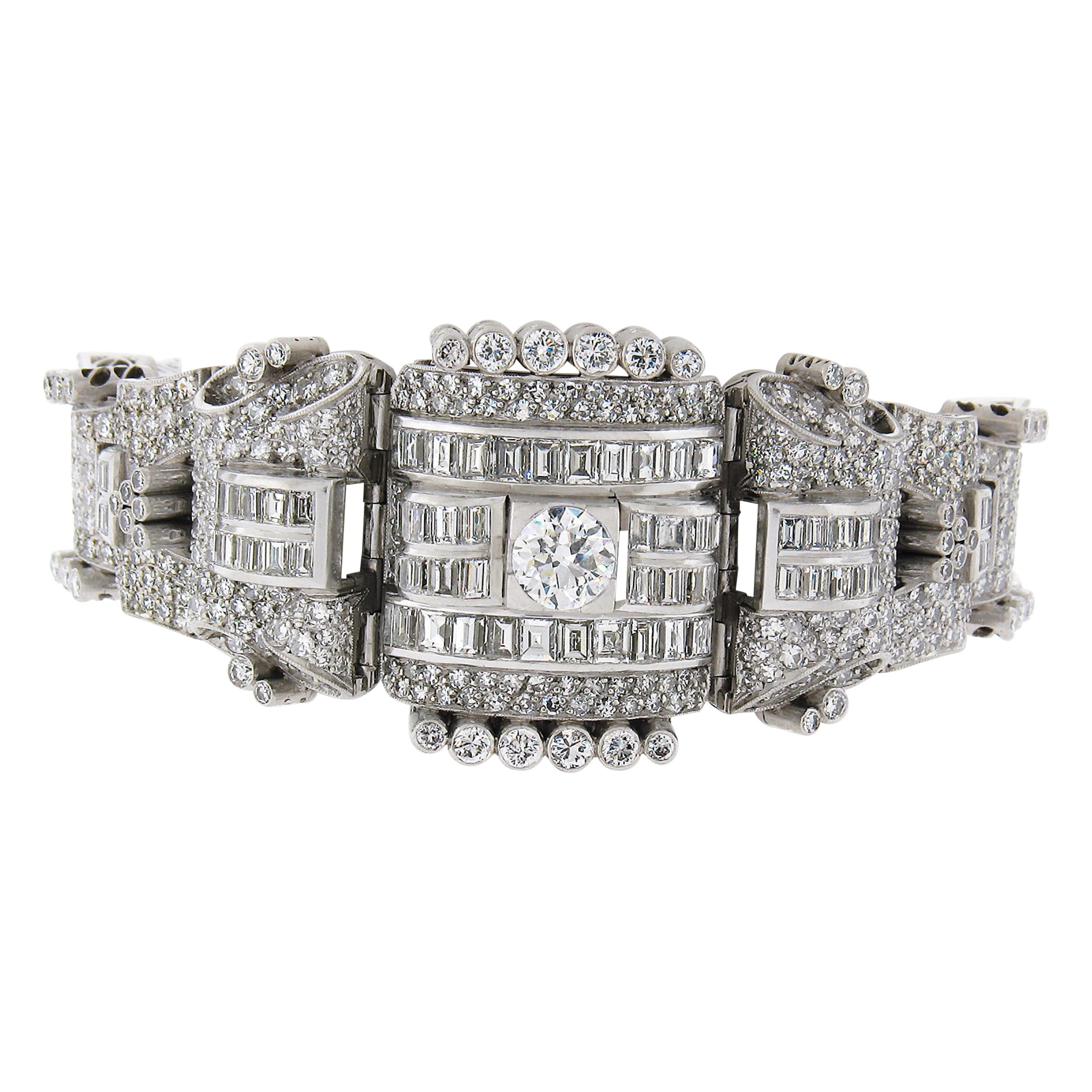 Vintage Platinum Old European & Baguette Diamond Fancy Link Statement Bracelet For Sale